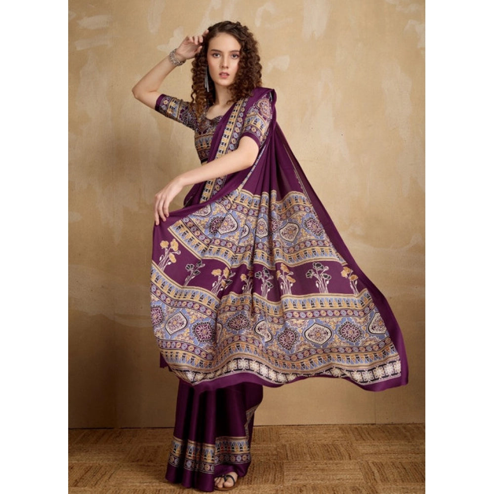 Amfyn Women's Satin Crepe Printed Saree With Unstitched Blouse 5.5Mtr (Purple)