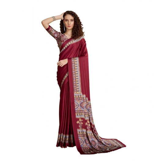 Amfyn Women's Satin Crepe Printed Saree With Unstitched Blouse 5.5Mtr (Maroon)