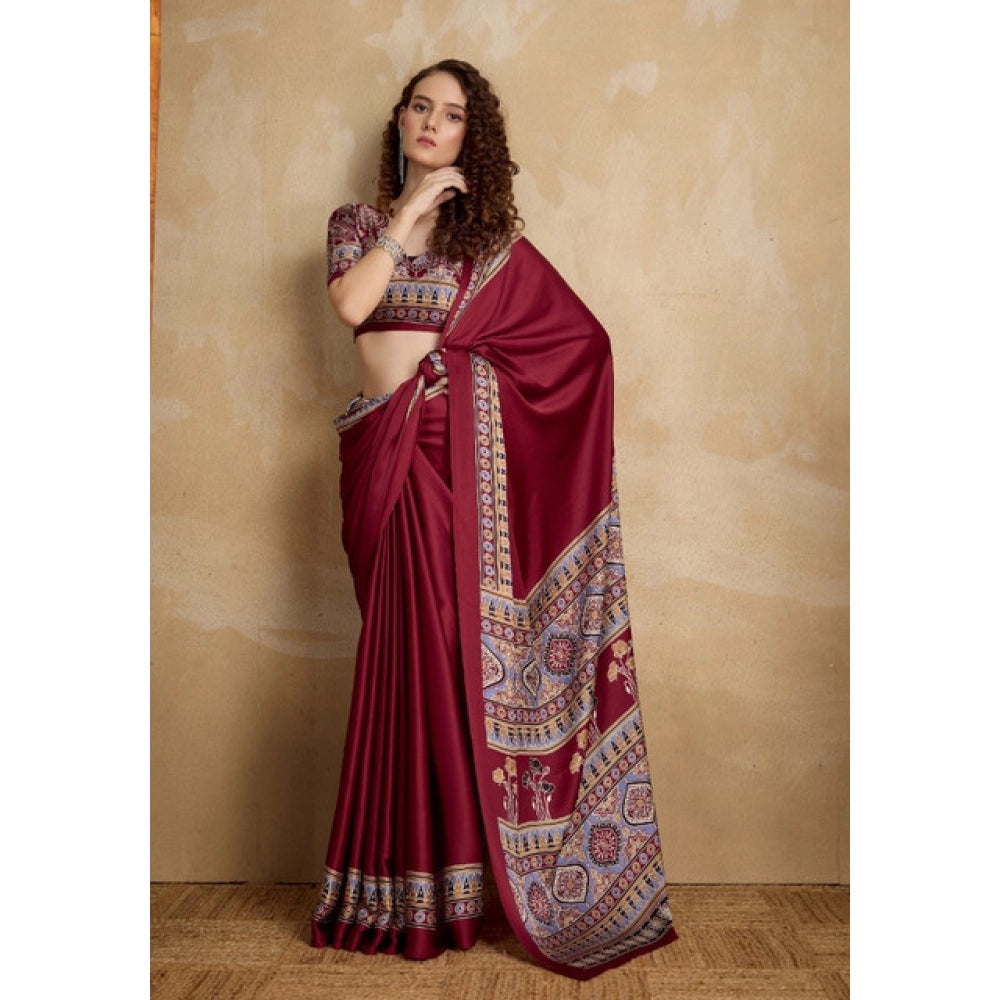 Amfyn Women's Satin Crepe Printed Saree With Unstitched Blouse 5.5Mtr (Maroon)