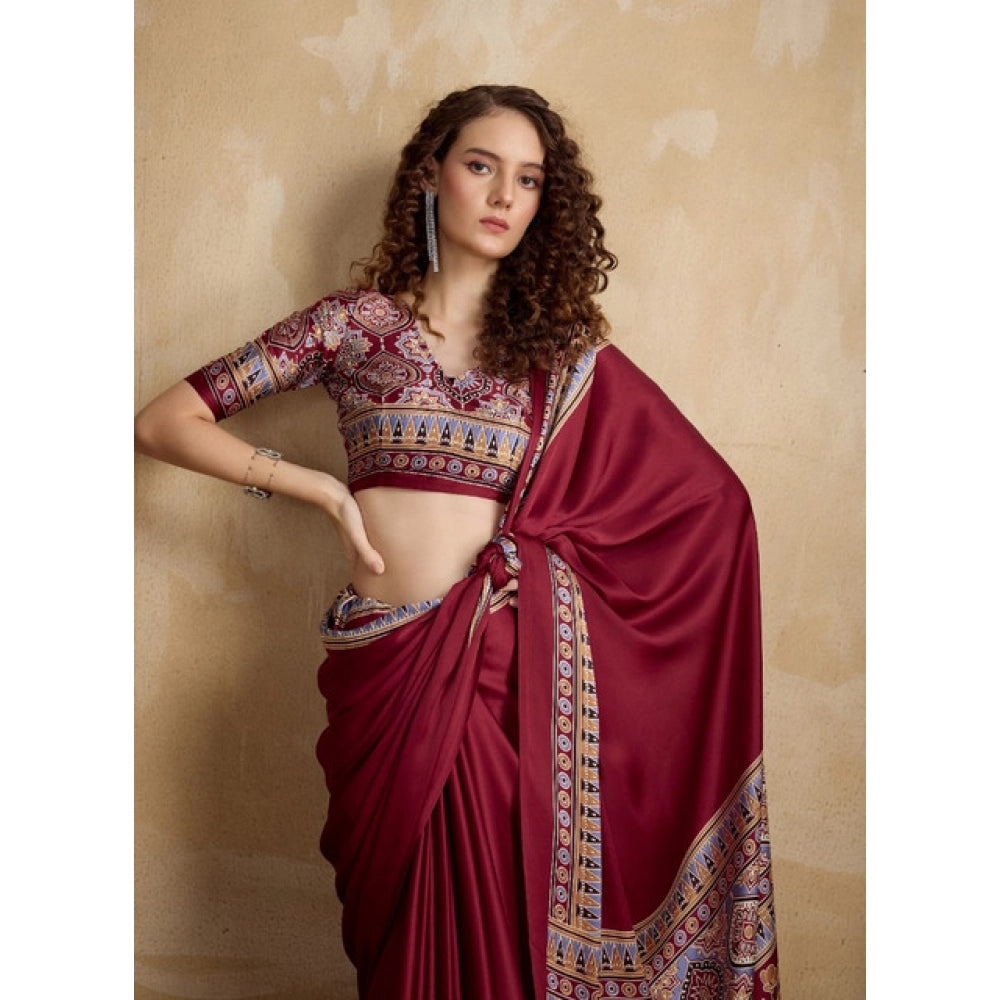 Amfyn Women's Satin Crepe Printed Saree With Unstitched Blouse 5.5Mtr (Maroon)