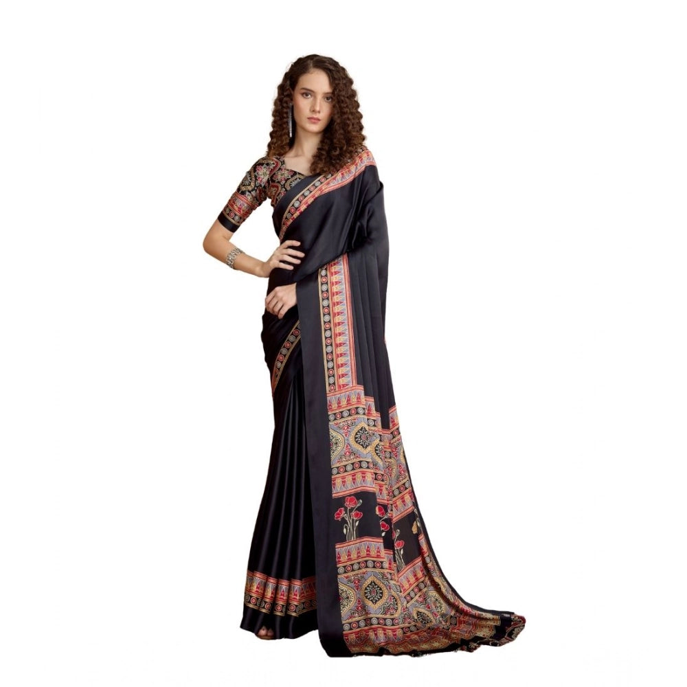Amfyn Women's Satin Crepe Printed Saree With Unstitched Blouse 5.5Mtr (Black)