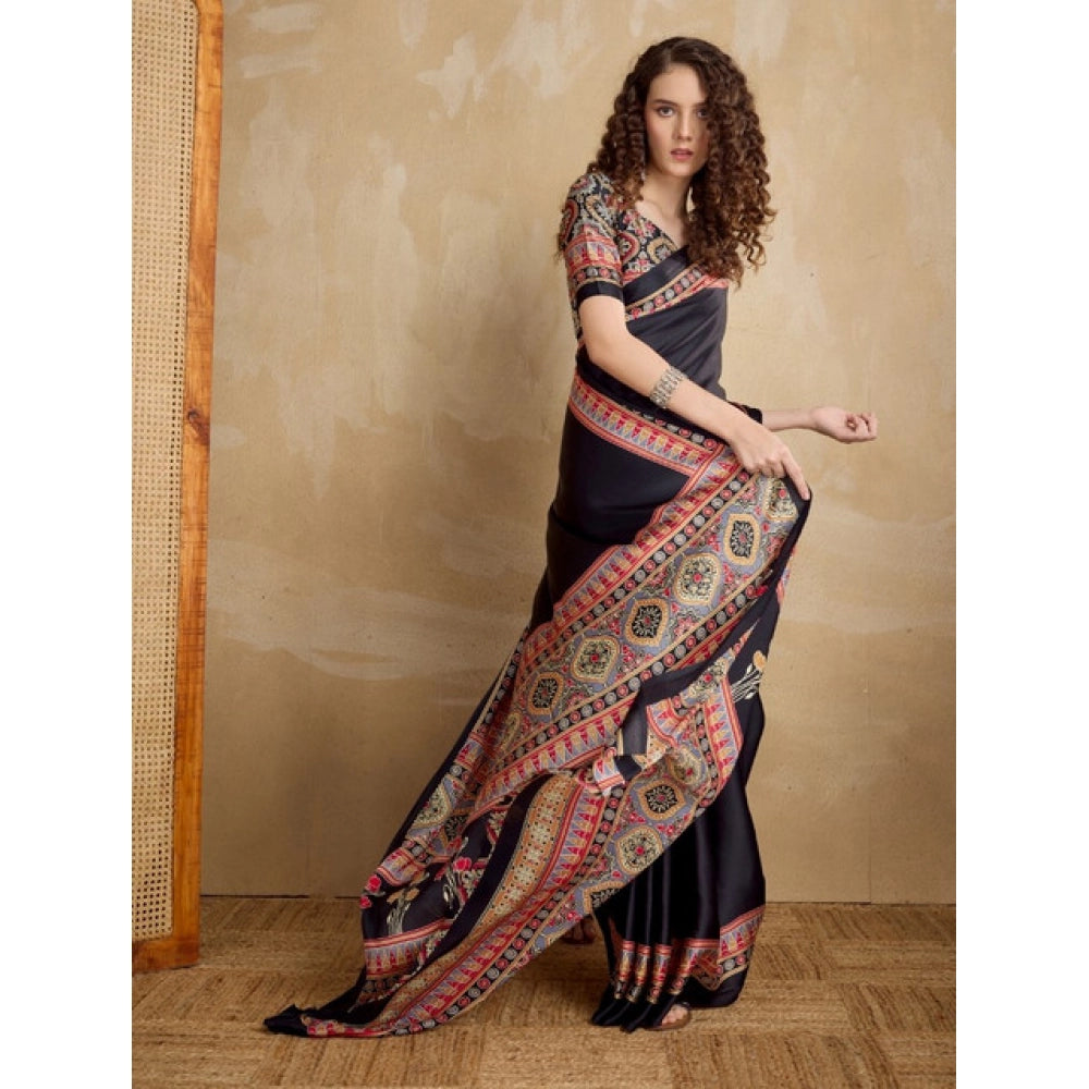 Amfyn Women's Satin Crepe Printed Saree With Unstitched Blouse 5.5Mtr (Black)