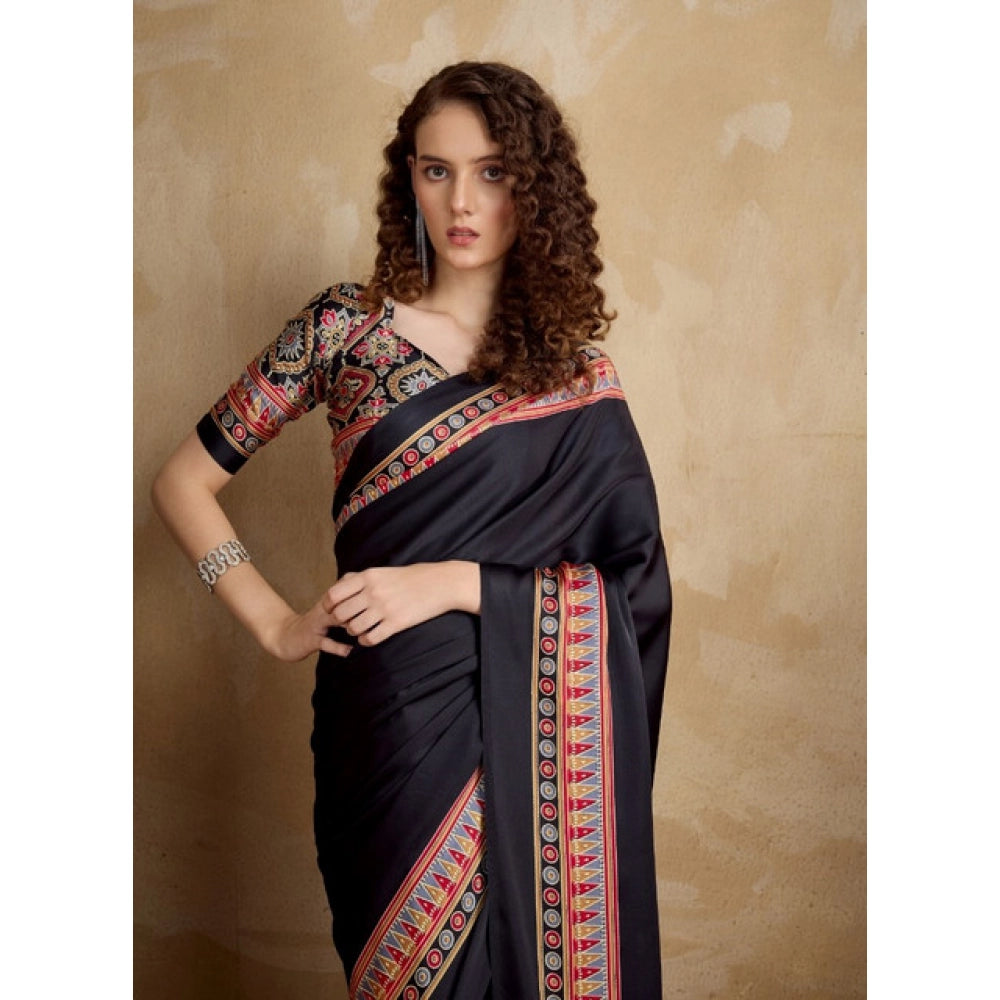 Amfyn Women's Satin Crepe Printed Saree With Unstitched Blouse 5.5Mtr (Black)