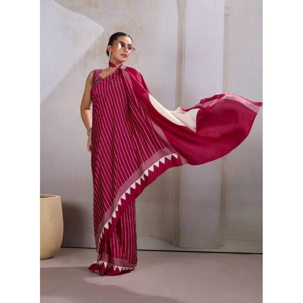 Amfyn Women's Satin Crepe Printed Saree With Unstitched Blouse 5.5Mtr (Maroon)