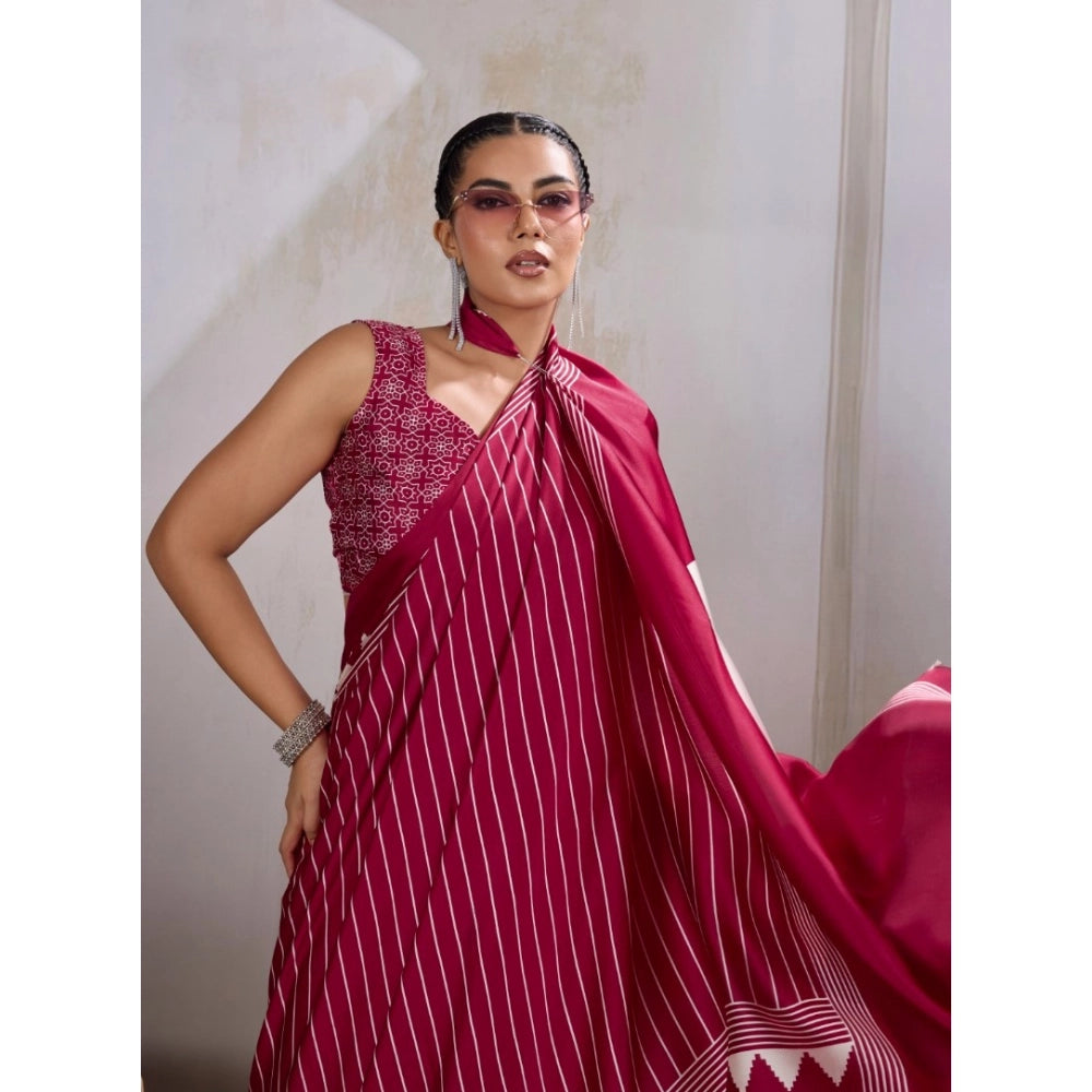 Amfyn Women's Satin Crepe Printed Saree With Unstitched Blouse 5.5Mtr (Maroon)