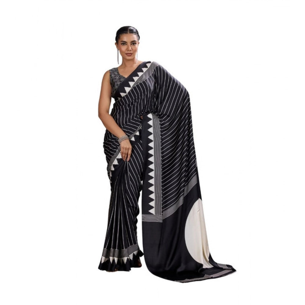 Amfyn Women's Satin Crepe Printed Saree With Unstitched Blouse 5.5Mtr (Black)
