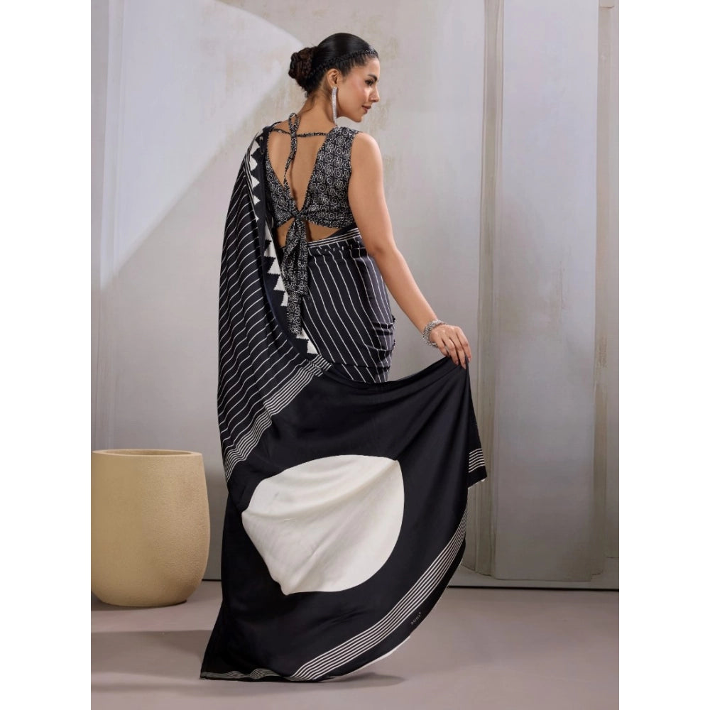Amfyn Women's Satin Crepe Printed Saree With Unstitched Blouse 5.5Mtr (Black)