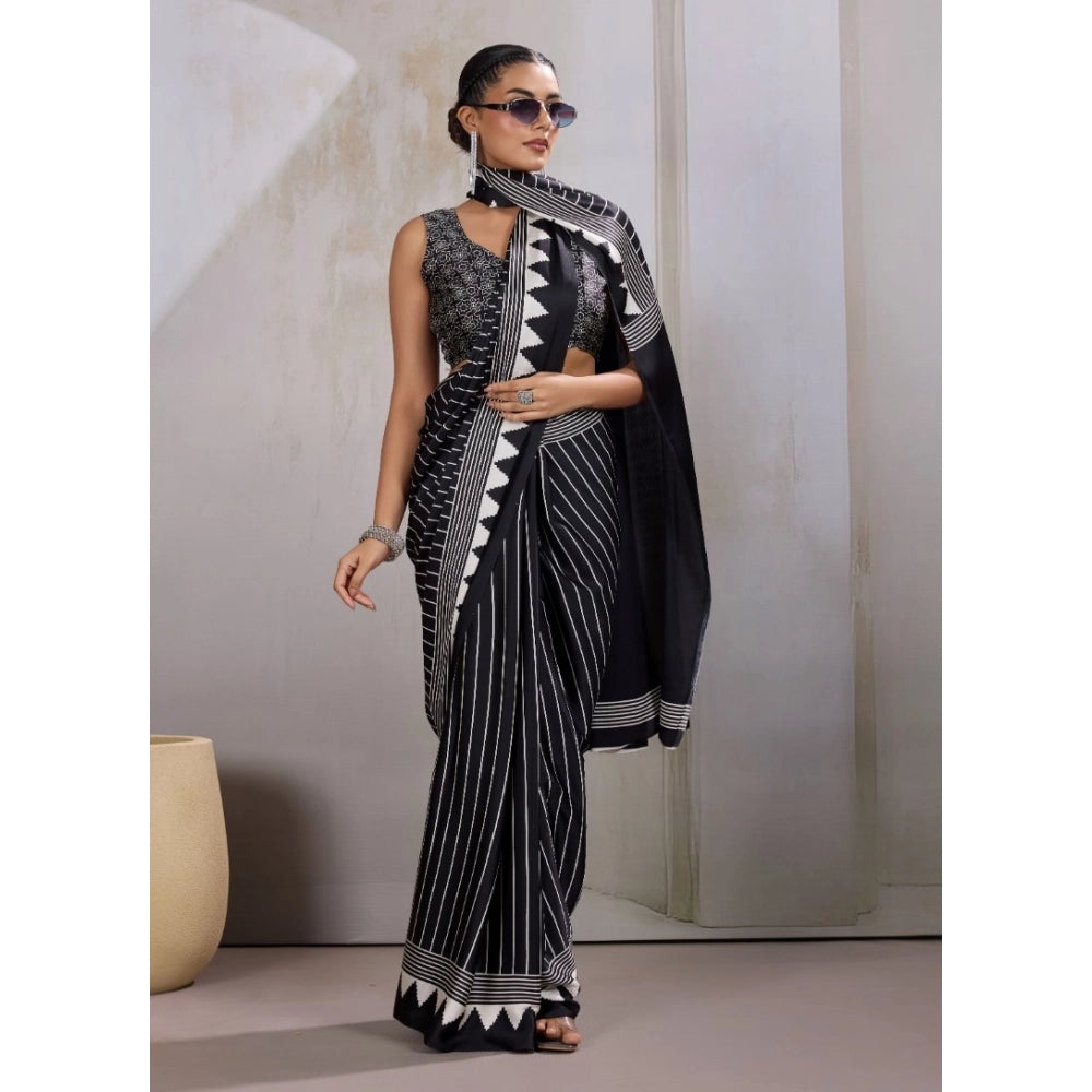 Amfyn Women's Satin Crepe Printed Saree With Unstitched Blouse 5.5Mtr (Black)