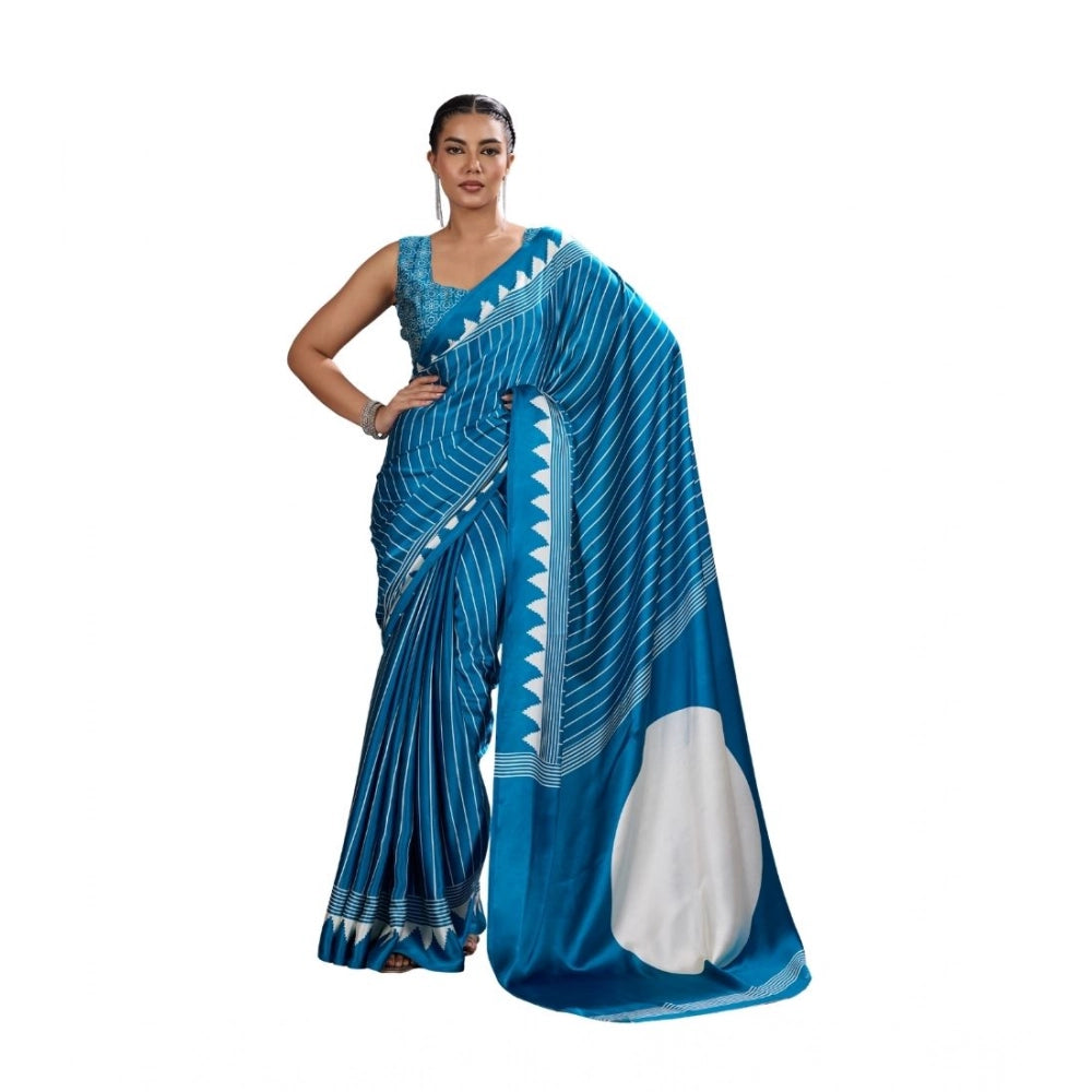 Amfyn Women's Satin Crepe Printed Saree With Unstitched Blouse 5.5Mtr (Rama Blue)