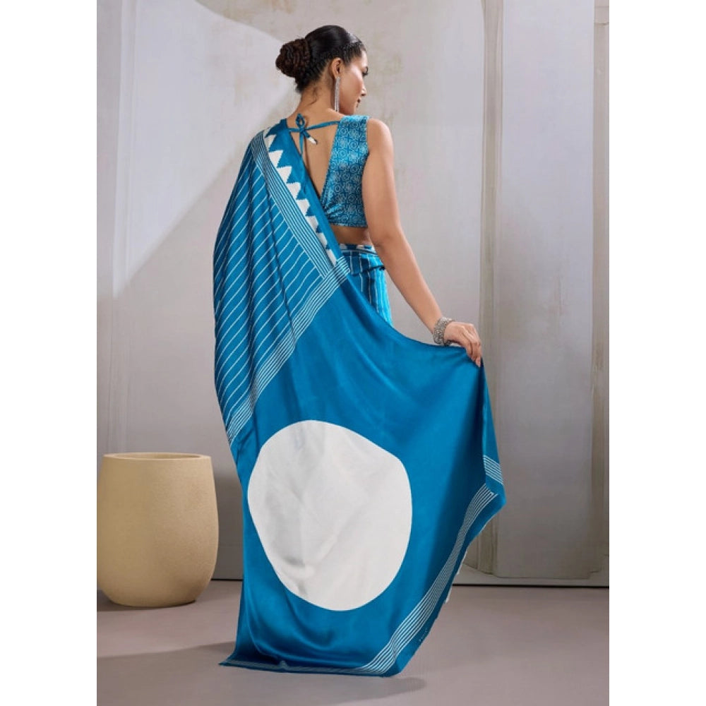 Amfyn Women's Satin Crepe Printed Saree With Unstitched Blouse 5.5Mtr (Rama Blue)
