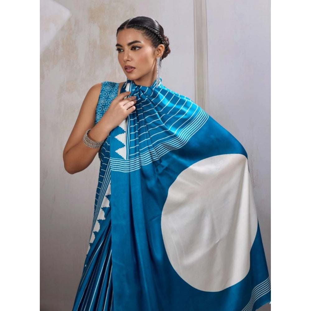 Amfyn Women's Satin Crepe Printed Saree With Unstitched Blouse 5.5Mtr (Rama Blue)