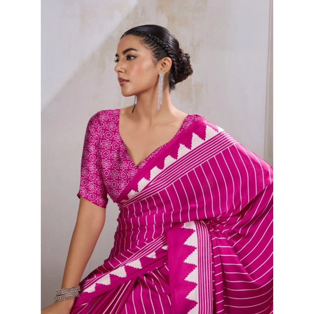 Amfyn Women's Satin Crepe Printed Saree With Unstitched Blouse 5.5Mtr (Pink)
