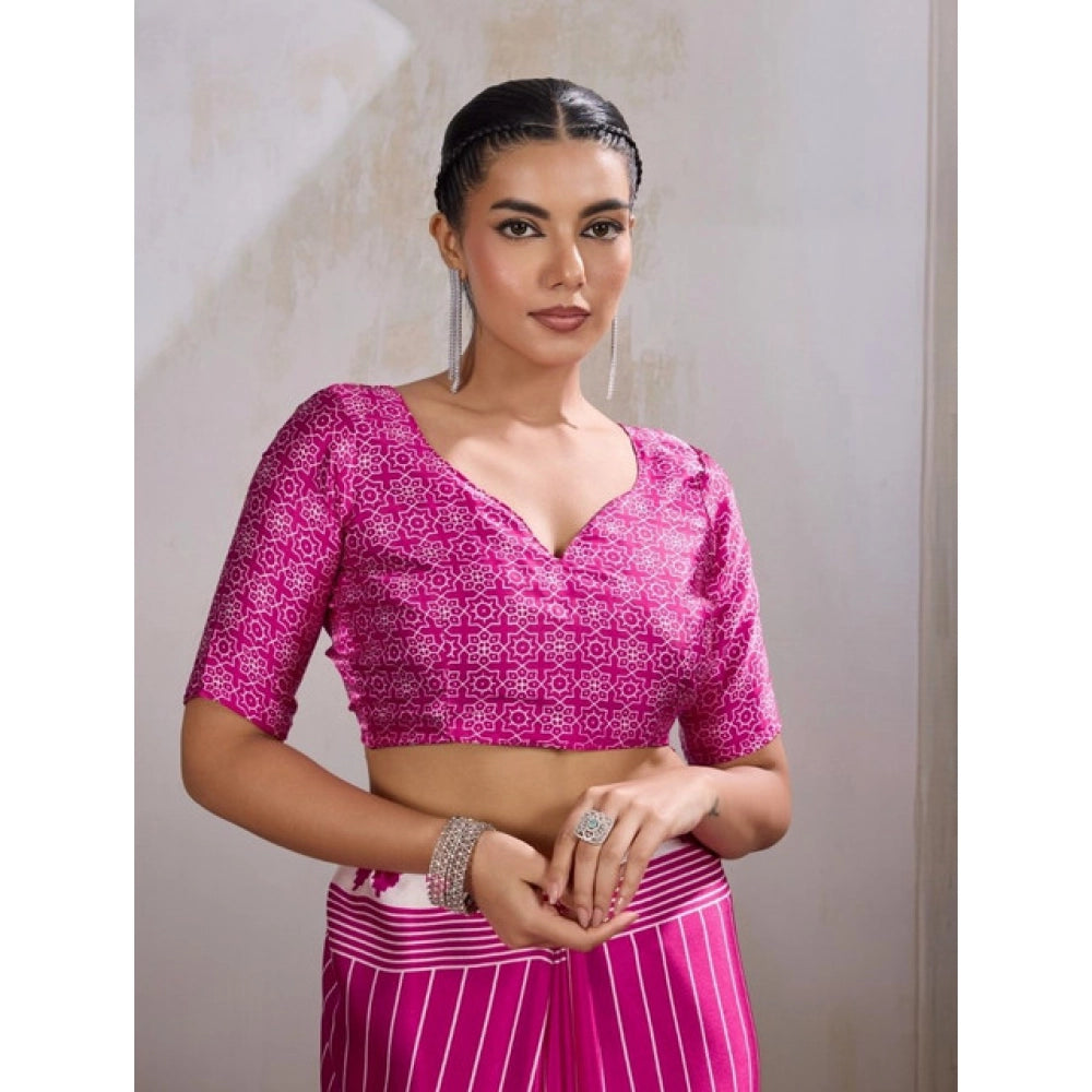 Amfyn Women's Satin Crepe Printed Saree With Unstitched Blouse 5.5Mtr (Pink)