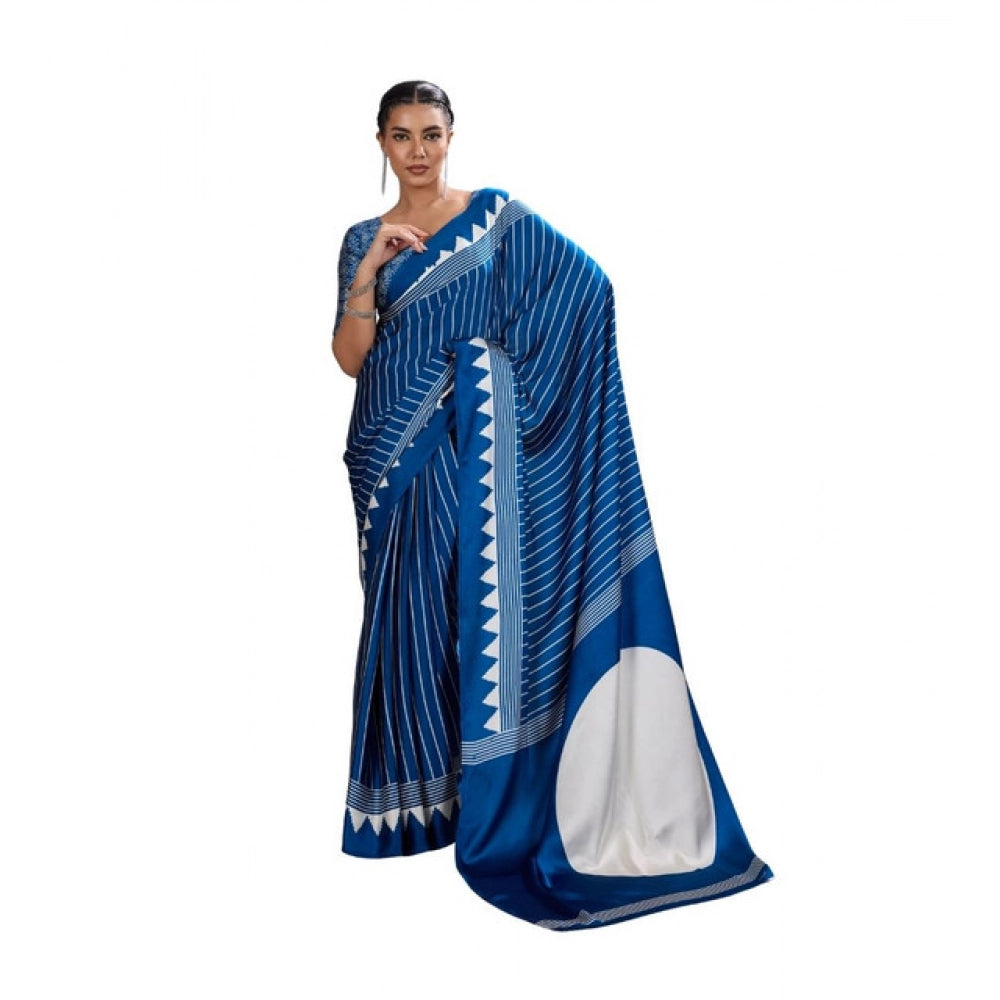 Amfyn Women's Satin Crepe Printed Saree With Unstitched Blouse 5.5Mtr (Blue)