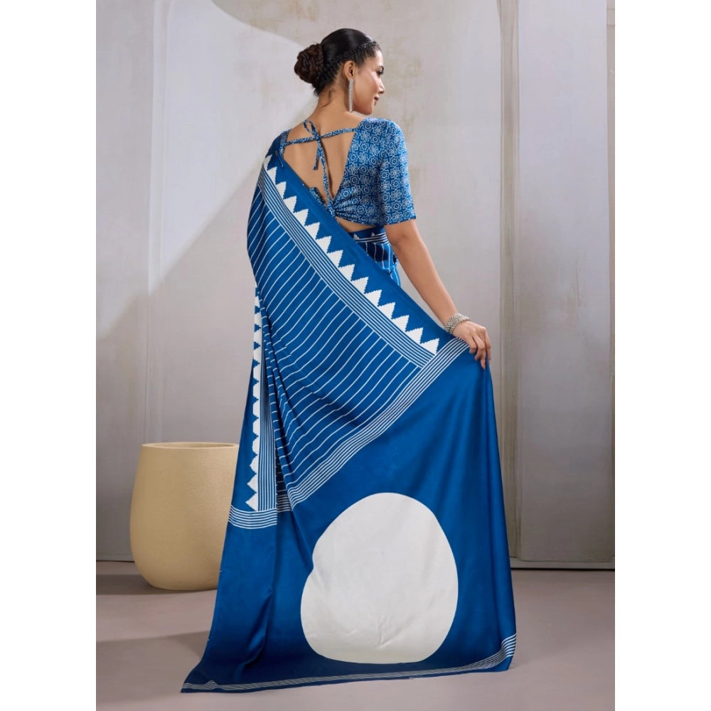 Amfyn Women's Satin Crepe Printed Saree With Unstitched Blouse 5.5Mtr (Blue)