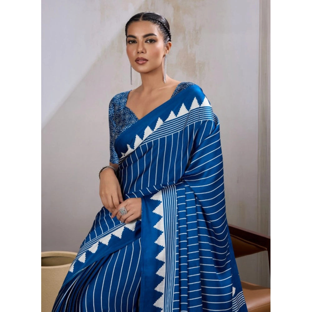 Amfyn Women's Satin Crepe Printed Saree With Unstitched Blouse 5.5Mtr (Blue)