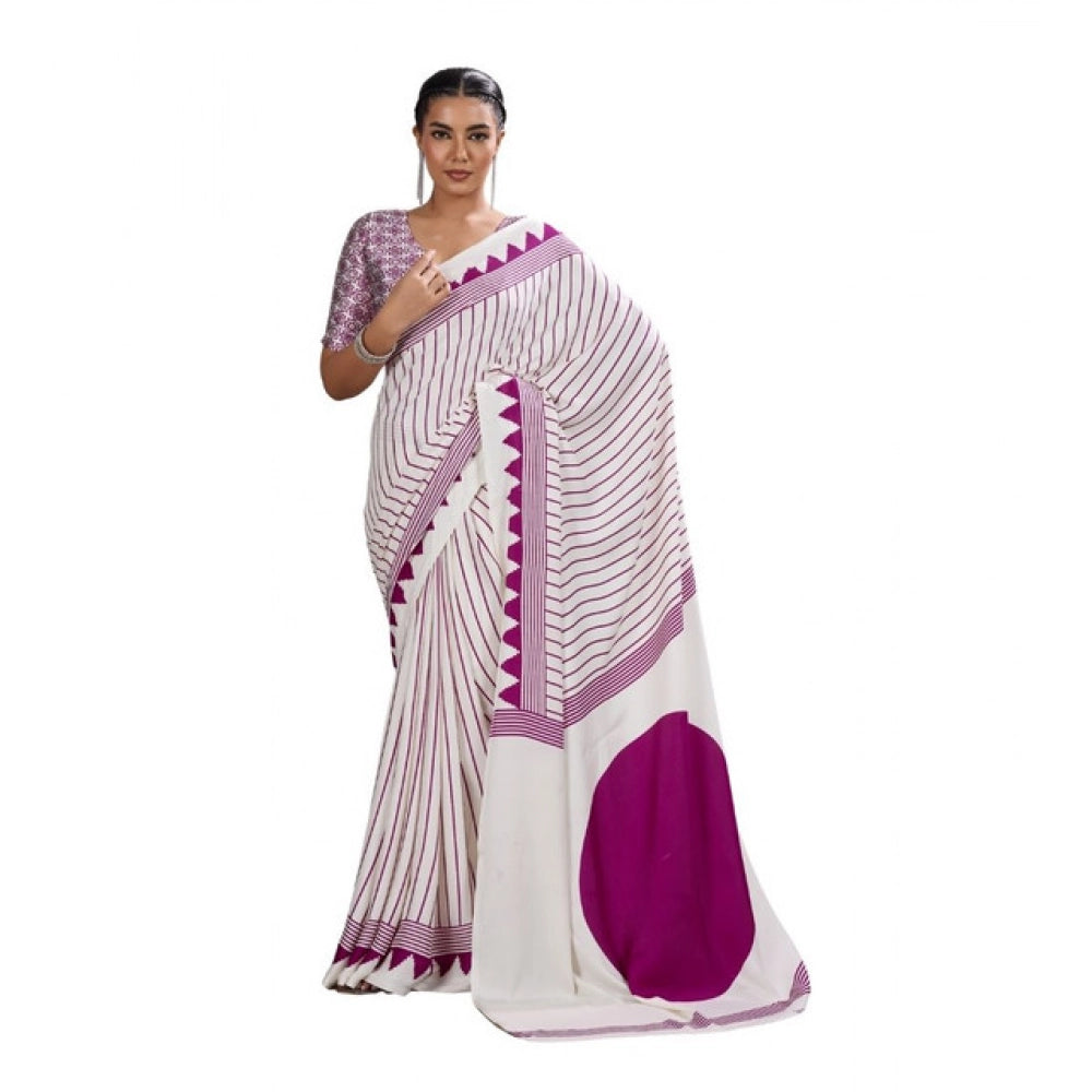Amfyn Women's Satin Crepe Printed Saree With Unstitched Blouse 5.5Mtr (White)