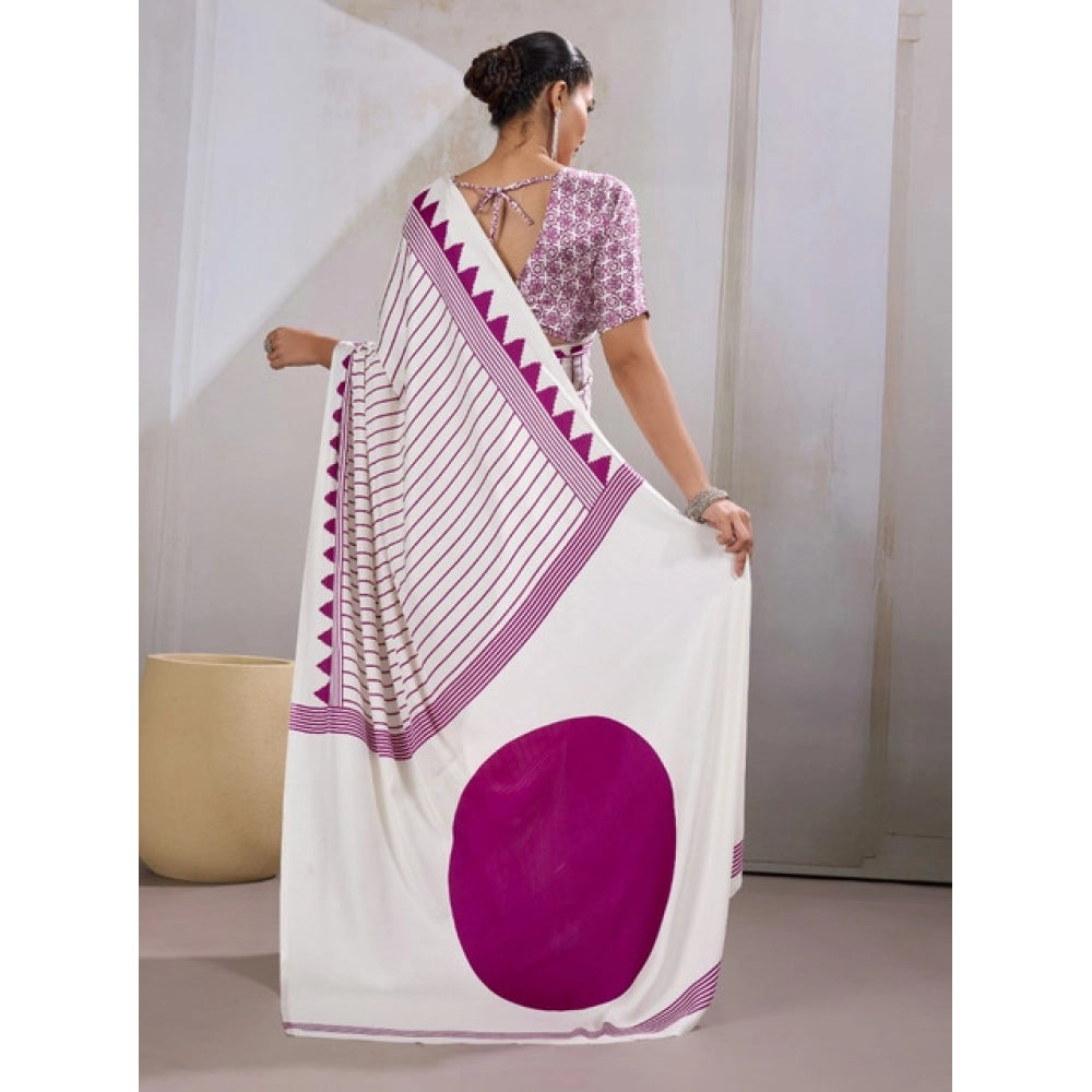 Amfyn Women's Satin Crepe Printed Saree With Unstitched Blouse 5.5Mtr (White)