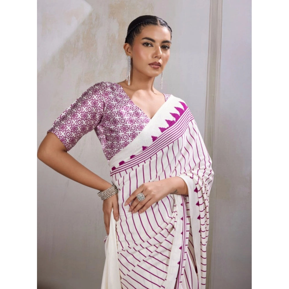 Amfyn Women's Satin Crepe Printed Saree With Unstitched Blouse 5.5Mtr (White)