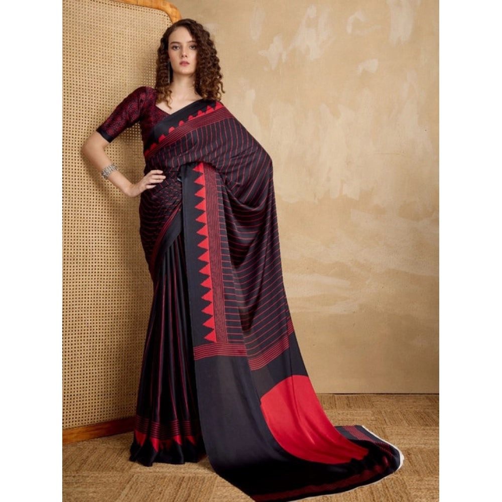 Amfyn Women's Satin Crepe Printed Saree With Unstitched Blouse 5.5Mtr (Black)