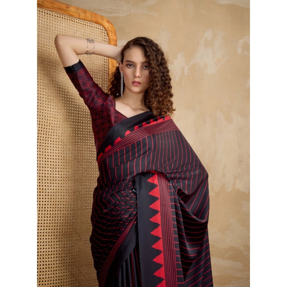 Amfyn Women's Satin Crepe Printed Saree With Unstitched Blouse 5.5Mtr (Black)