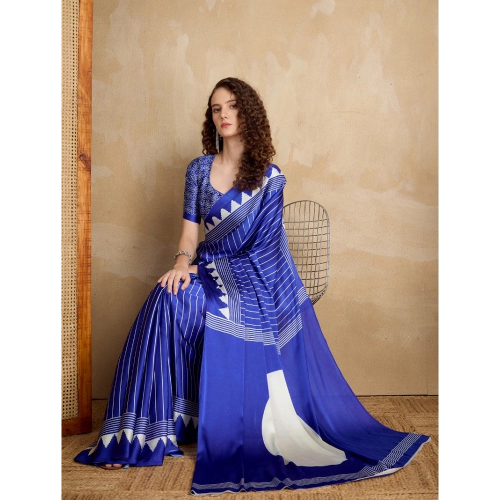 Amfyn Women's Satin Crepe Printed Saree With Unstitched Blouse 5.5Mtr (Navy Blue)