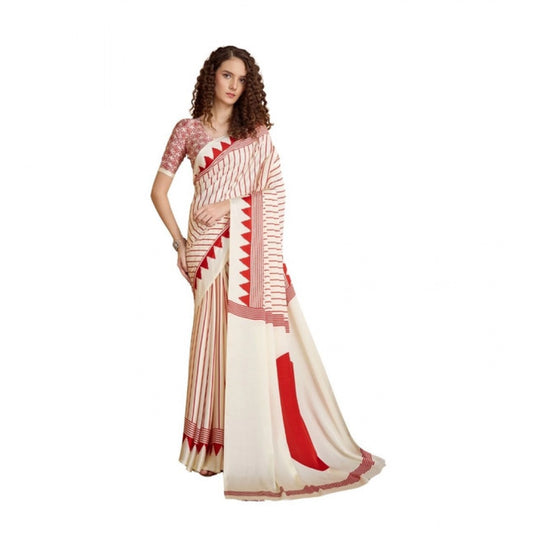 Amfyn Women's Satin Crepe Printed Saree With Unstitched Blouse 5.5Mtr (Off White)