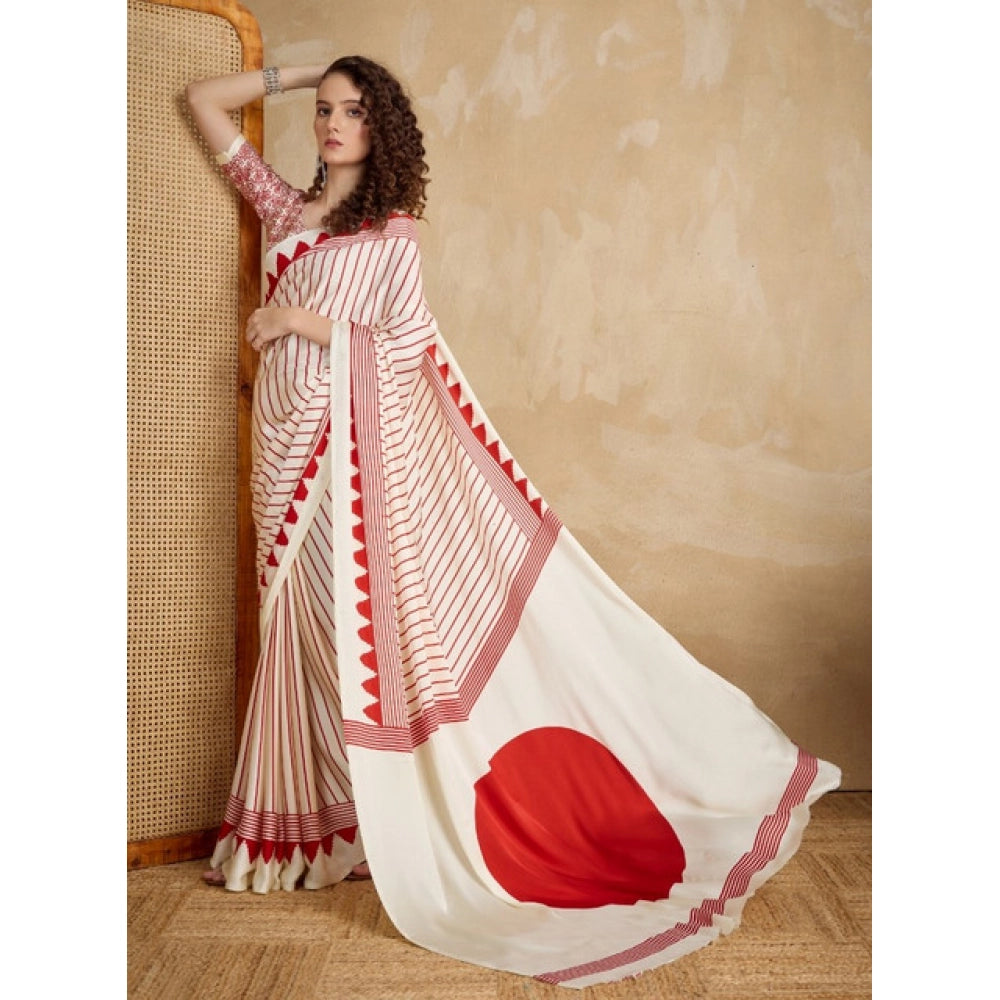 Amfyn Women's Satin Crepe Printed Saree With Unstitched Blouse 5.5Mtr (Off White)