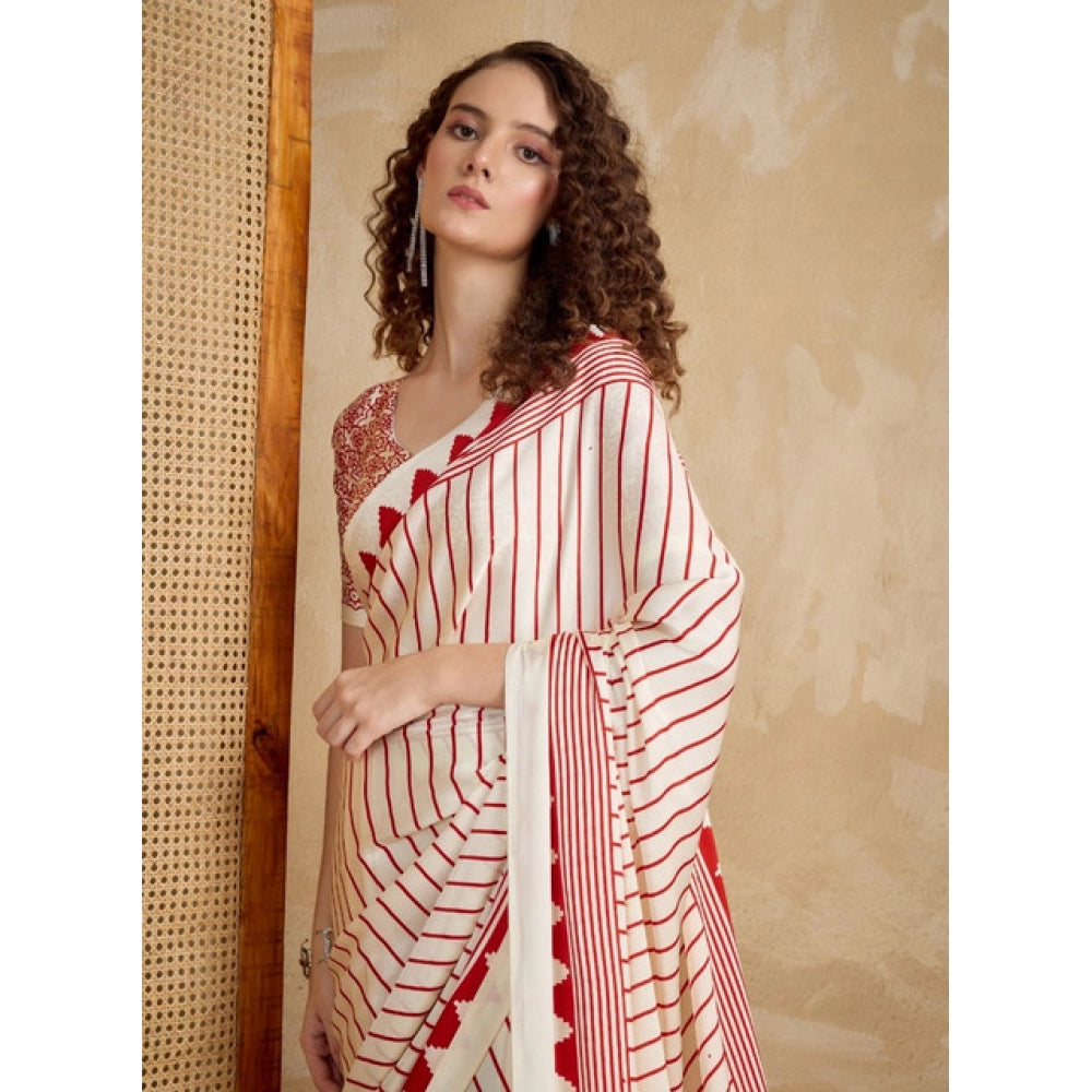 Amfyn Women's Satin Crepe Printed Saree With Unstitched Blouse 5.5Mtr (Off White)