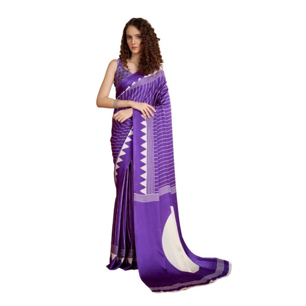 Amfyn Women's Satin Crepe Printed Saree With Unstitched Blouse 5.5Mtr (Lavender)