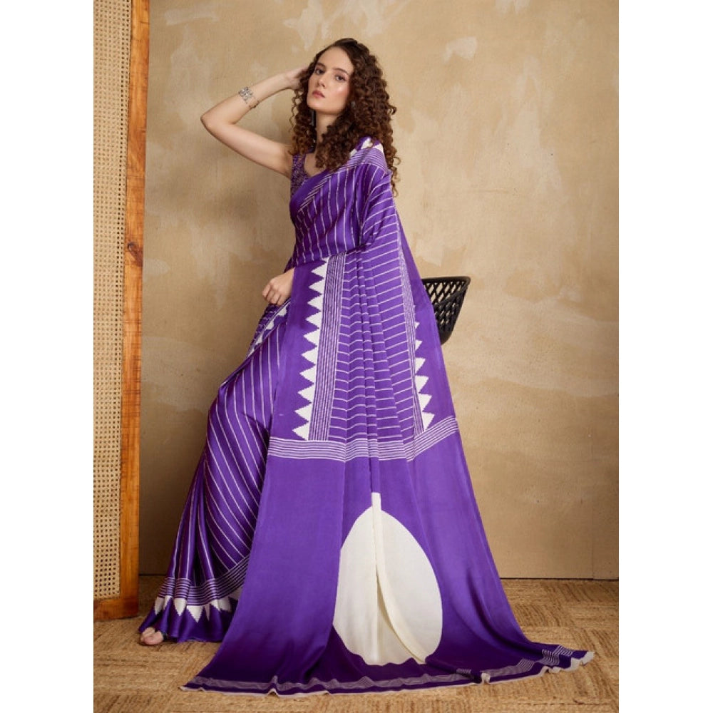 Amfyn Women's Satin Crepe Printed Saree With Unstitched Blouse 5.5Mtr (Lavender)