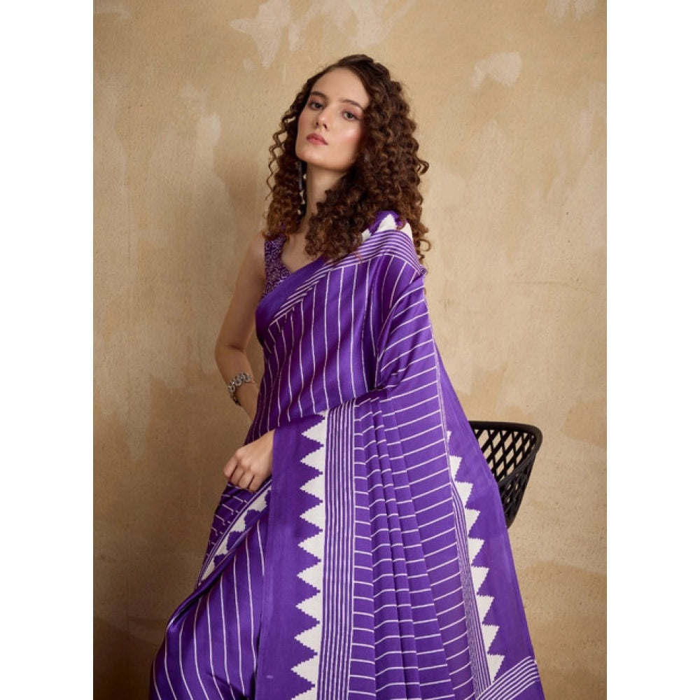 Amfyn Women's Satin Crepe Printed Saree With Unstitched Blouse 5.5Mtr (Lavender)