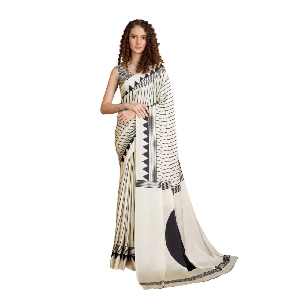 Amfyn Women's Satin Crepe Printed Saree With Unstitched Blouse 5.5Mtr (White)