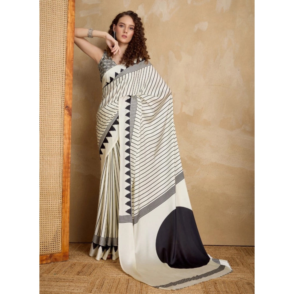 Amfyn Women's Satin Crepe Printed Saree With Unstitched Blouse 5.5Mtr (White)