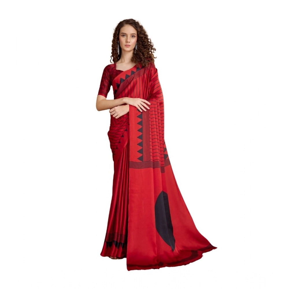 Amfyn Women's Satin Crepe Printed Saree With Unstitched Blouse 5.5Mtr (Red)