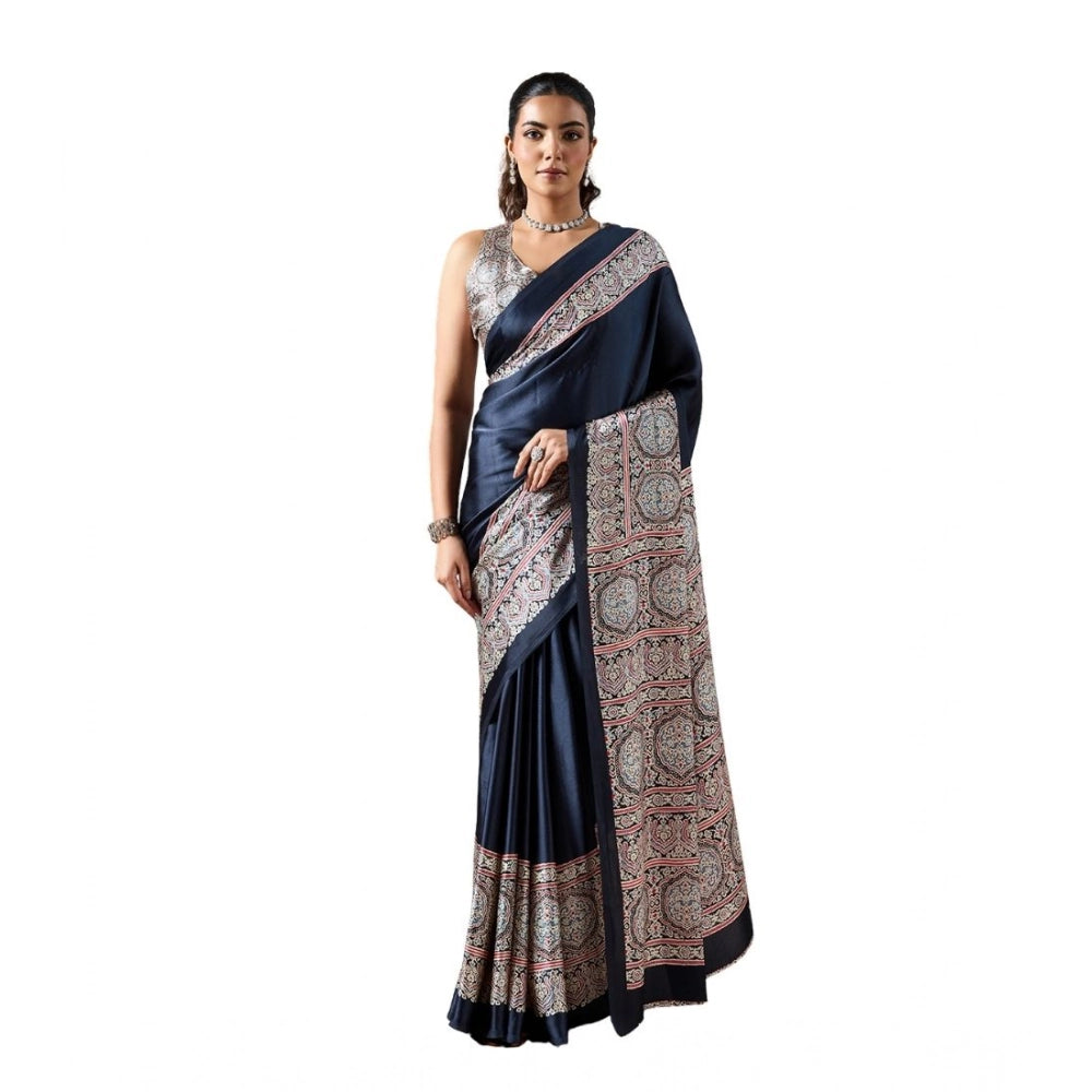 Amfyn Women's Satin Crepe Printed Saree With Unstitched Blouse 5.5Mtr (Navy Blue)