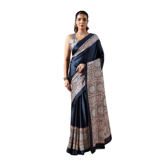Amfyn Women's Satin Crepe Printed Saree With Unstitched Blouse 5.5Mtr (Navy Blue)