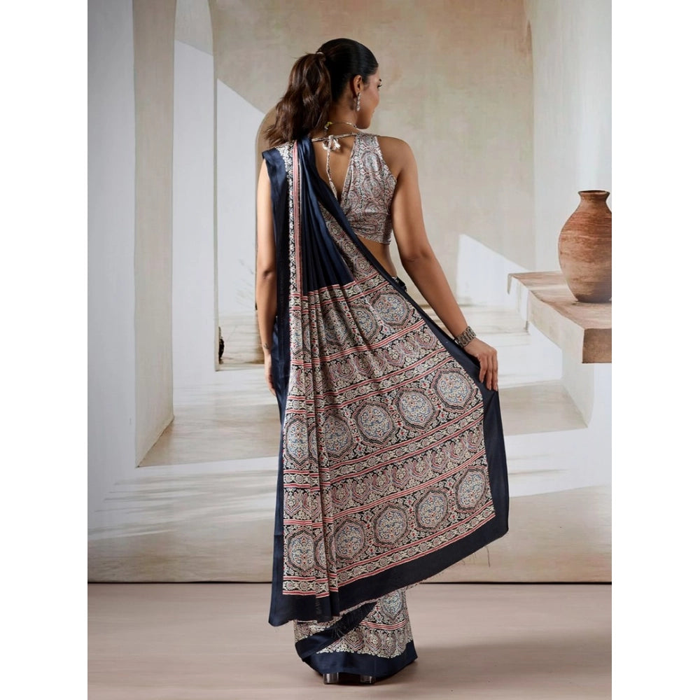Amfyn Women's Satin Crepe Printed Saree With Unstitched Blouse 5.5Mtr (Navy Blue)
