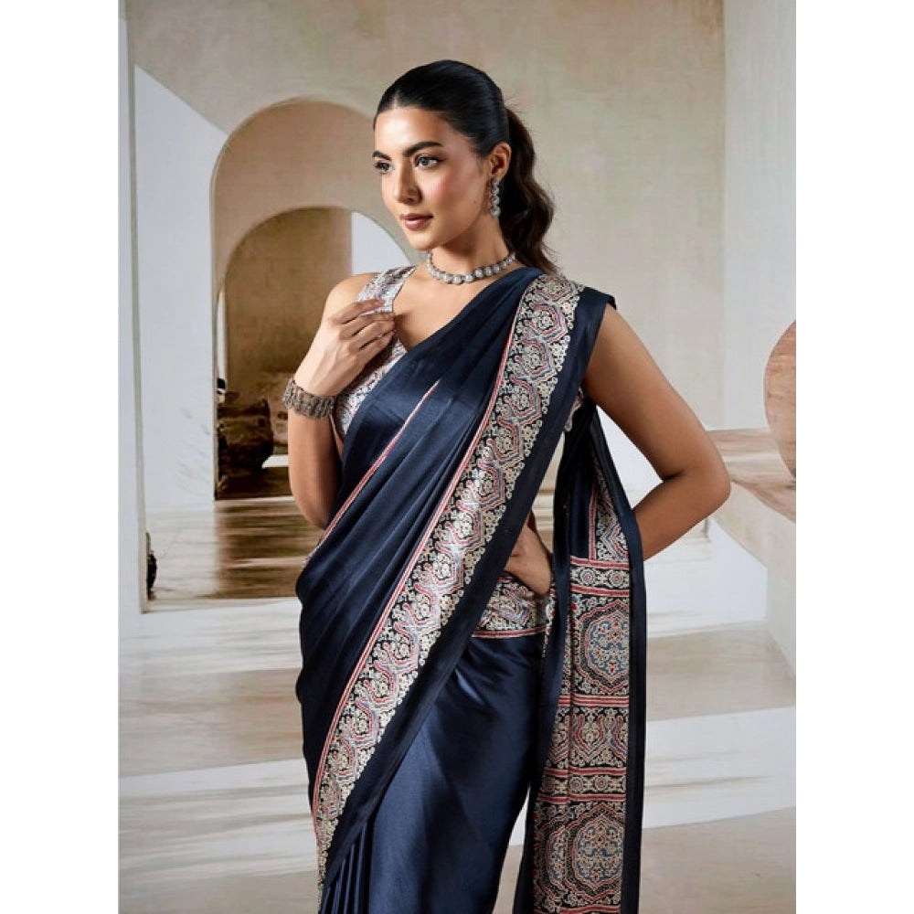 Amfyn Women's Satin Crepe Printed Saree With Unstitched Blouse 5.5Mtr (Navy Blue)