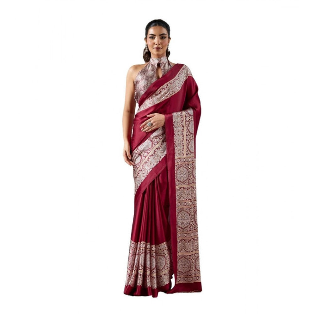 Amfyn Women's Satin Crepe Printed Saree With Unstitched Blouse 5.5Mtr (Maroon)