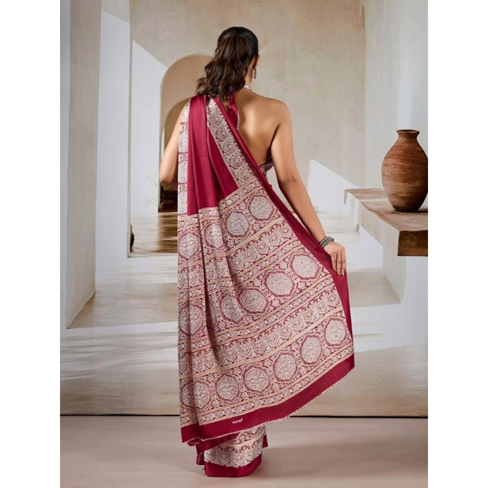 Amfyn Women's Satin Crepe Printed Saree With Unstitched Blouse 5.5Mtr (Maroon)