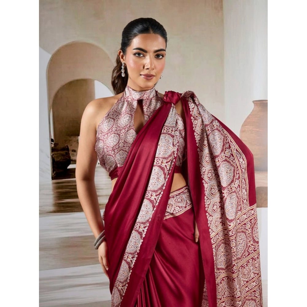 Amfyn Women's Satin Crepe Printed Saree With Unstitched Blouse 5.5Mtr (Maroon)