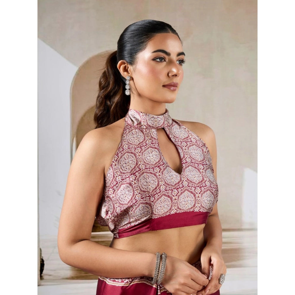Amfyn Women's Satin Crepe Printed Saree With Unstitched Blouse 5.5Mtr (Maroon)