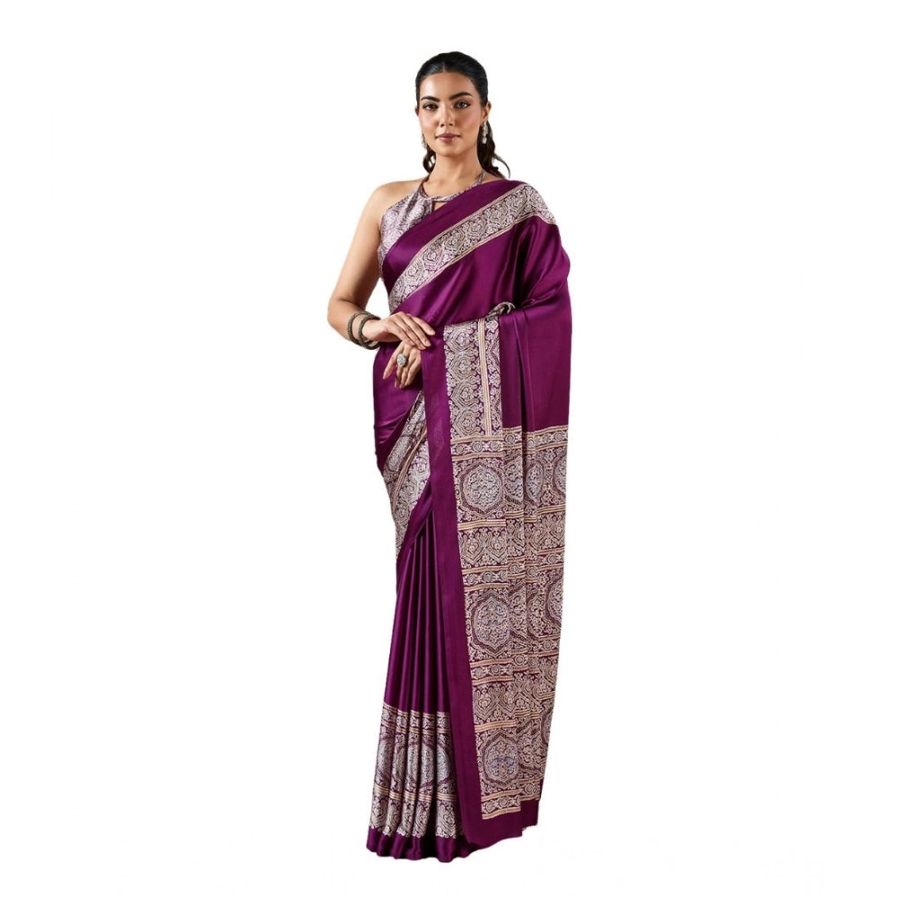 Amfyn Women's Satin Crepe Printed Saree With Unstitched Blouse 5.5Mtr (Purple)