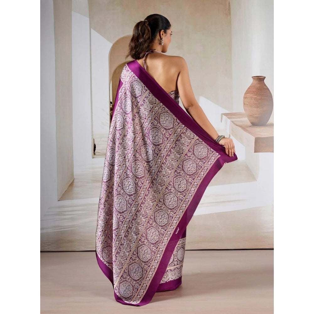 Amfyn Women's Satin Crepe Printed Saree With Unstitched Blouse 5.5Mtr (Purple)