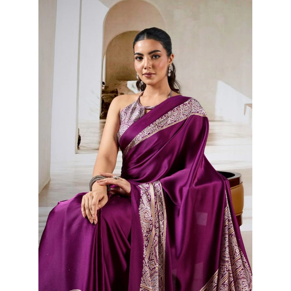 Amfyn Women's Satin Crepe Printed Saree With Unstitched Blouse 5.5Mtr (Purple)