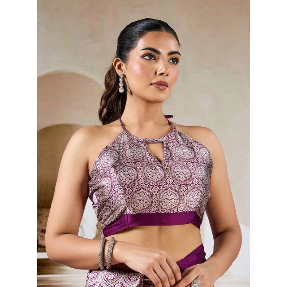 Amfyn Women's Satin Crepe Printed Saree With Unstitched Blouse 5.5Mtr (Purple)