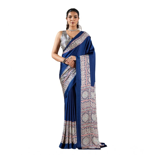 Amfyn Women's Satin Crepe Printed Saree With Unstitched Blouse 5.5Mtr (Blue)