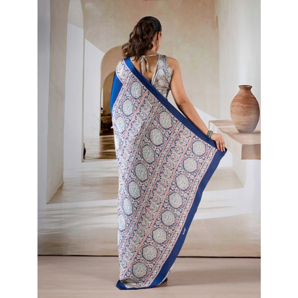 Amfyn Women's Satin Crepe Printed Saree With Unstitched Blouse 5.5Mtr (Blue)
