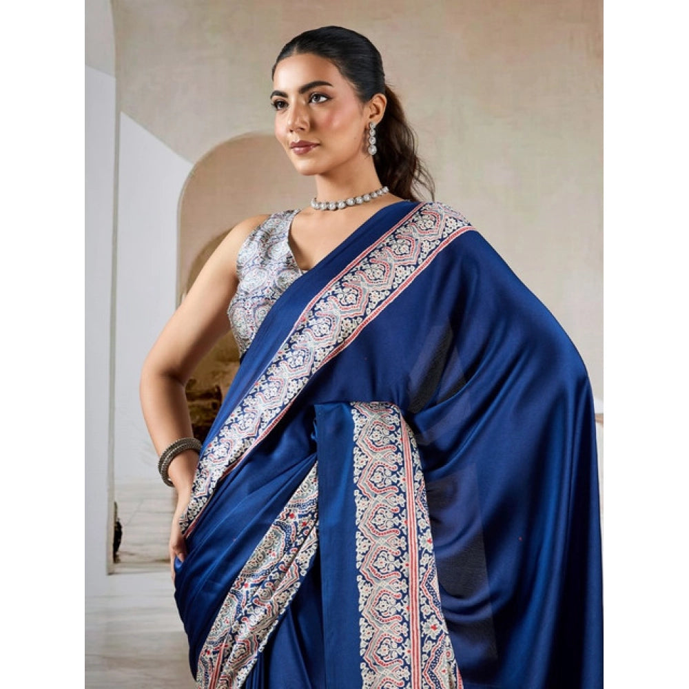 Amfyn Women's Satin Crepe Printed Saree With Unstitched Blouse 5.5Mtr (Blue)